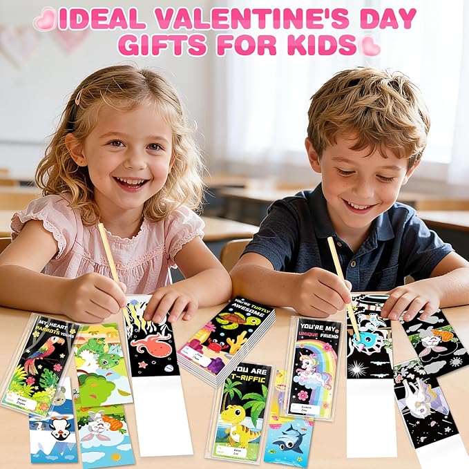 Shemira Valentines Day Gifts for Kids-24 Pack Scratch Art Crafts Notebook Kit with Valentines Cards for Kids, Valentines Day Cards for School Classroom Exchange, Valentines Party Favor Supplies