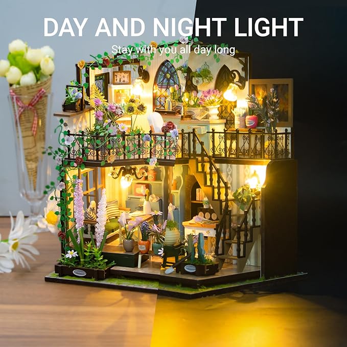 DIY Miniature House Kit, Fairy Dollhouse for Adults to Bulid,Tiny Home Making Kit with Wooden Furniture and LED, Halloween Decoration for Family and Friends (Darcy Flower House)