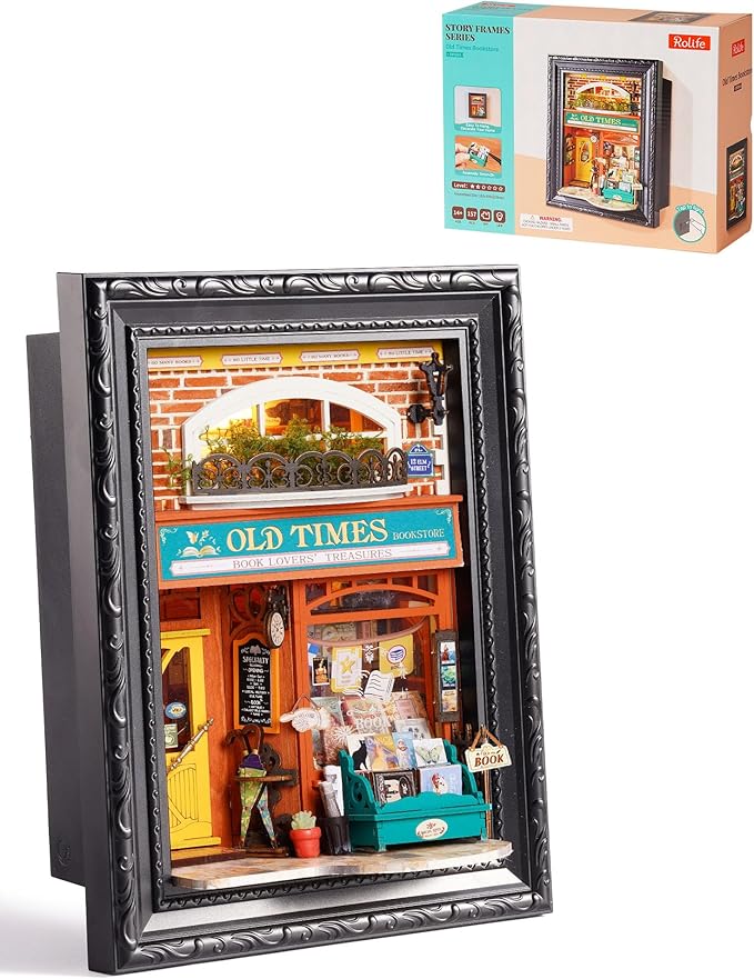 Rolife 3D Diorama Frame, Wall-Mounted Shadow Box & Dollhouse Display Case for & Christmas Decor, Unfinished Kit Beginner-Friendly Craft Kits, Christmas Memorial Gift for Families (Old Times Bookstore)