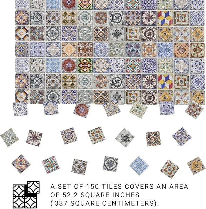 150 pcs, Dollhouse Flooring, 1:12 Scale Doll House Tiles, Miniature Checkerboard Floor, REDUCIO! (Colorful Azulejo Mosaic)