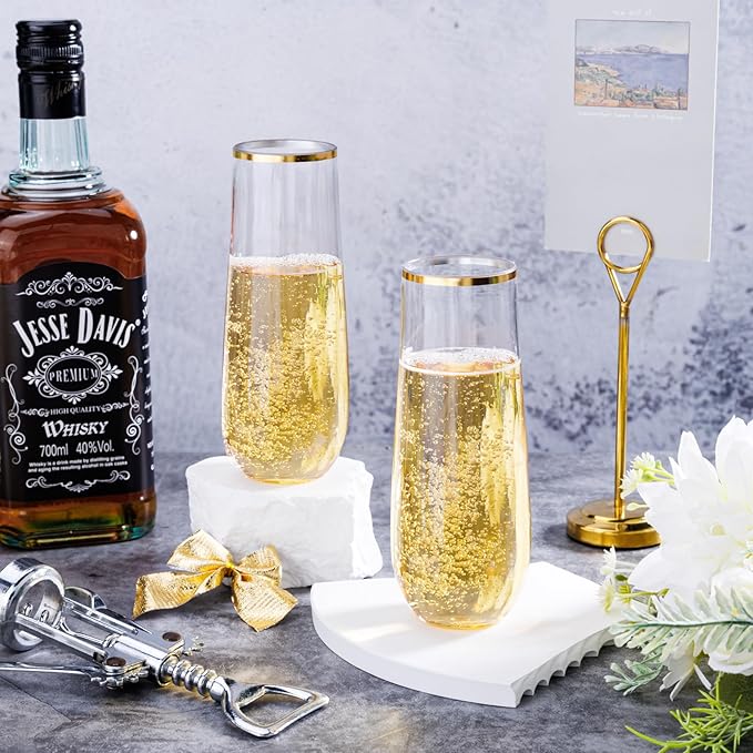 Ciaell 24 Pack Gold Plastic Champagne Flutes - 9 Oz Disposable Champagne Glasses - Stemless Mimosa Glass for Parties & Weddings & Birthdays