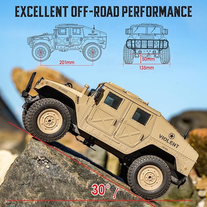 Remote Control Truck-4x4 Off-Road RC Trucks Army Rock Crawler Humme, RTR 40Mins Play Time All Terrain RC Off Road Jeep Cars with Winch,Lights&Openning Door, Military Armored Vehicle Toys Gift for Boys