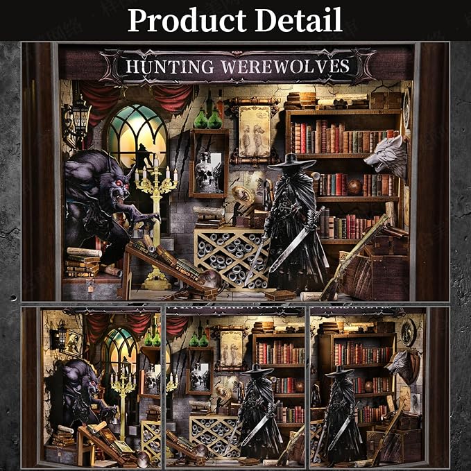 Book Nook Kit-3D Wooden Puzzle with LED Switch Control & Wall-Mountable Frame,DIY Miniature House for Beginners,Bookshelf/Tabletop/Wall Decor for Craft Lovers,Dollhouse Gift,Hunting Werewolves