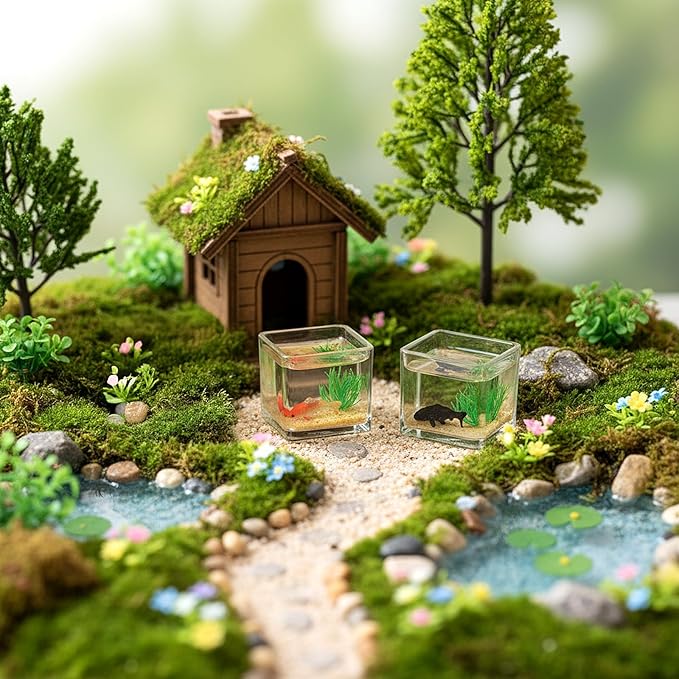 2 Pcs Miniature Fish Tank, Dollhoue Accessories Fish Bowls Resin Goldfish Gras Fish Figurine for Garden Scene Decor, Dollhouse Miniature DIY Craft, Aquarium Fish Ornament