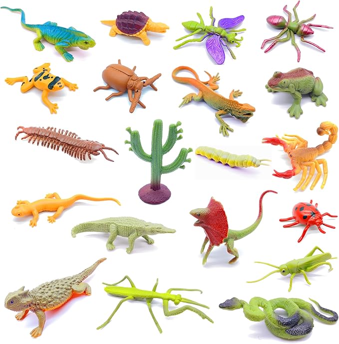 Guaishou 20pcs Realistic Bugs Plastic Insects Animals Figures Toys Contains Ladybugs Caterpillars Beetles Mantises Scorpions Lizards Snakes Frogs Ants