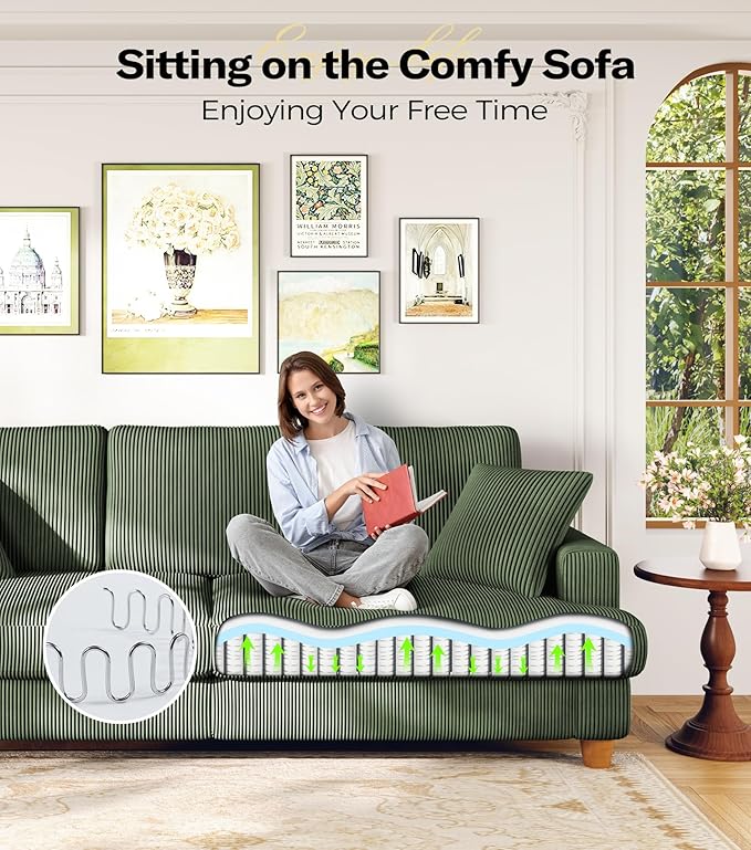 87in Corduroy Couch, Kidirect Sofa No Tool Assembly, Comfy Couches for Living Room 21in Deeper Seats, Corduroy Sofas for Living Room with 2 Pillows, Oversized Loveseat Sofa, Boho Love Seat Olive Couch