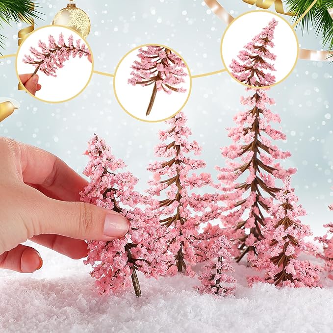 Skylety 35 Pieces Model Trees 1.2-6.3 Inch Mixed Miniature Trees Diorama Supplies Fake Plants Train Scenery Landscape Christmas Village Architecture DIY Crafts(Pink,Cedar)