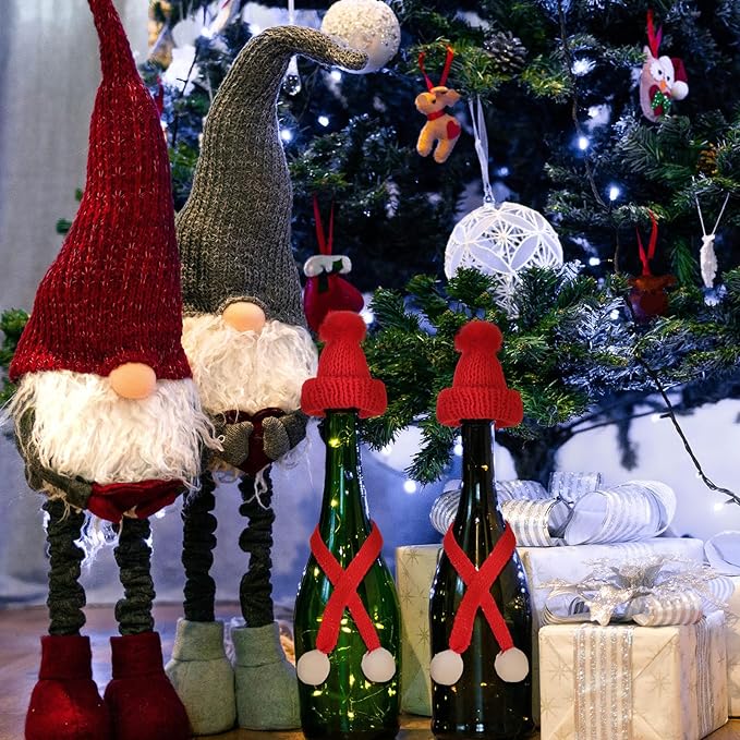Bencailor 48 Pcs Mini Christmas Knitting Hats and Mini Christmas Scarf Set Knitting Doll Hat Scarf Santa Knit Hat Tree Ornaments for DIY Craft Art Doll Decoration (Bright Red)