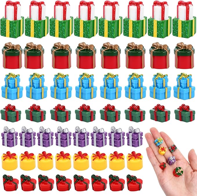 56 Pcs Mini Resin Presents,Christmas Figurines Miniature Boxes Tiny Gift Box Figurines Mini Christmas Ornaments for Xmas DIY Craft Tree Village Dollhouse Decor