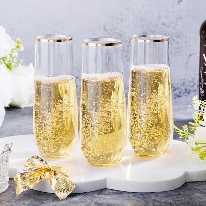 Ciaell 24 Pack Gold Plastic Champagne Flutes - 9 Oz Disposable Champagne Glasses - Stemless Mimosa Glass for Parties & Weddings & Birthdays