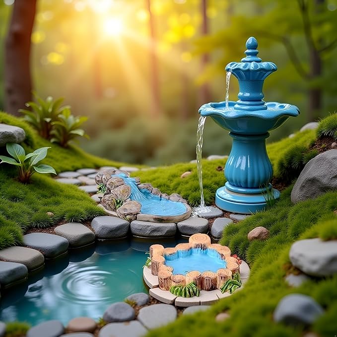 2Pcs 2 Models Blue DIY Miniature Mini Water Pool Fairy Garden Lawn Ornament for Mountain Dollhouse Decor Craft Outdoor Statues Antique European Village Character and Manor Style, Decorations