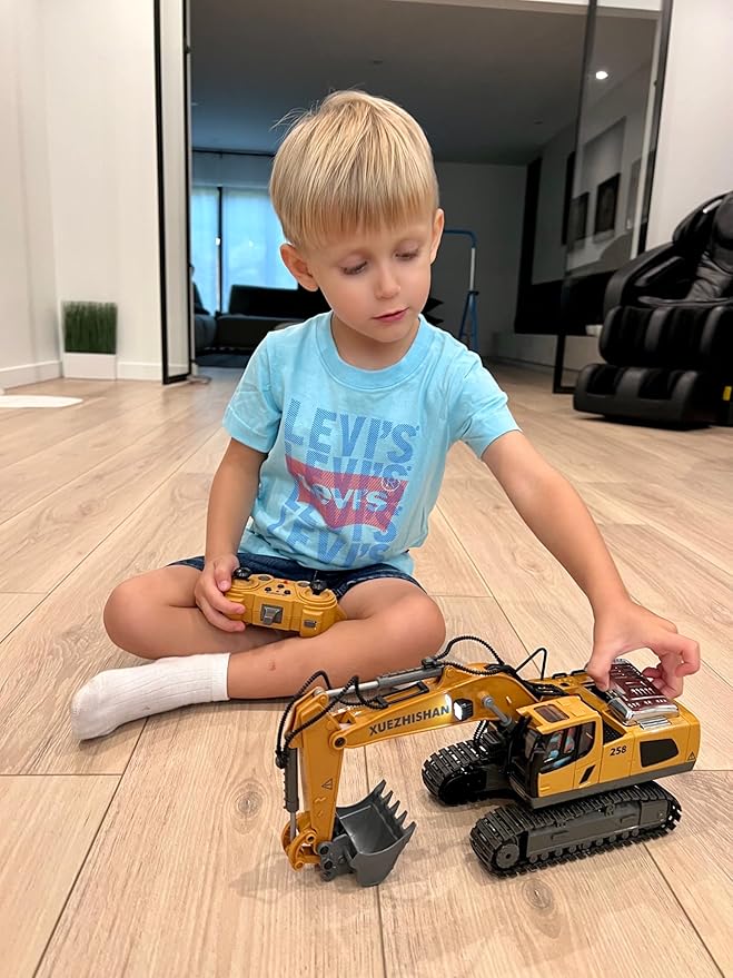 Remote Control Excavator Toy for Boys | 11-Channel Metal Construction Truck with Lights, 2×1200mAh Batteries, 120-Min Playtime | RC Excavator Toys for Kids Ages 3-12, STEM Gift for Birthday