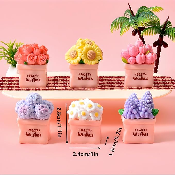6Pcs Refreshing Pink Flowerpot Mini Resin Figurines - Lovely Rose, Tulip, Daisy, Sunflower & Hydrangea Ornaments, Cute Potted Flowers for Dollhouse,Desk, Car & Home Decorations,Healing Gifts for Girls