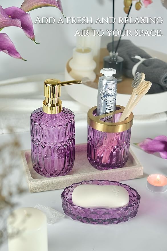 LaMarriti Purple Bathroom Accessories Set, 5Pcs Clear Glass Bathroom Set, Soap Dispenser, Toothbrush Holder Set, Soap Dish, Qtip Holder, Tumbler for Vintage Crystal Bathroom Decor, Gift Set (Violet)