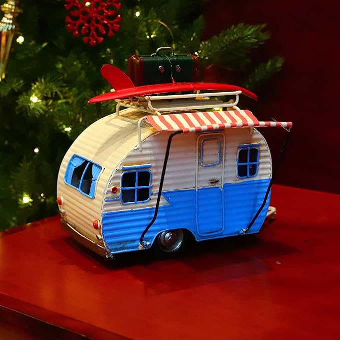 Travel Car Model Camper Van Trailer RV Motorhome Iron Vehicles Campsite Retro Industrial Steampunk Cute Diecast Decor Present Surprise for Boyfriend Caraholic Travelogue Adventurers Man