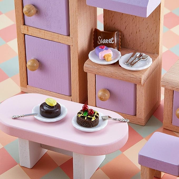 12 Pieces 1:12 Scale Miniature Plates and 12 Pieces Knives Forks Spoons Metal Tableware Dollhouse Miniatures Porcelain Plate Set Dollhouse Kitchen Decoration Accessories