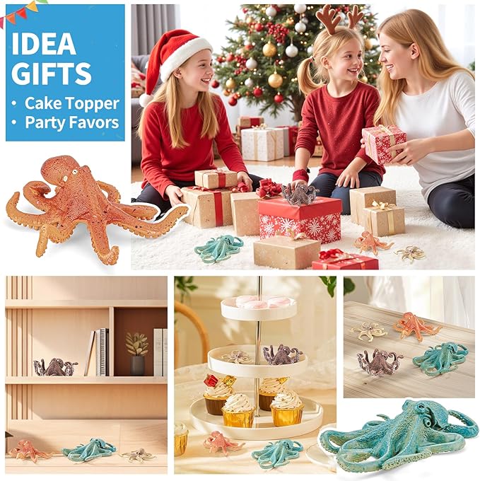 4PCS Octopus Figurines Sea Animal Toys,Plastic Ocean Animals Toys Figures, Realistic Soft Sea Creatures Toys for Kids Boys Girls - Birthday Gifts for Kids Cake Toppers Decoration