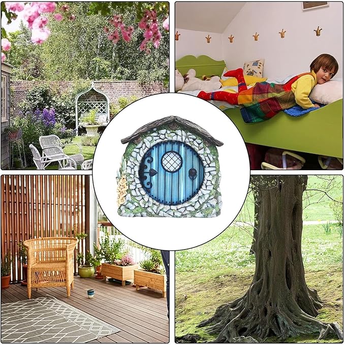 Wooden Fairy Garden Door – Miniature Tree & Yard Decoration, Outdoor Enchanted Gnome Door Ornament, Dollhouse Accessories & Whimsical Gift for Garden & Home Decor.（Blue）
