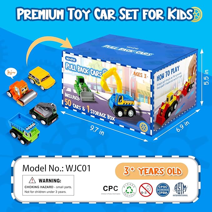 50 Pcs Toy Cars with Large Plastic Organizer, Pull Back Cars for Kids Ages 3-5, Birthday and Party Decorations, Birthday Presents for 3 + Year Old Girls and Boys