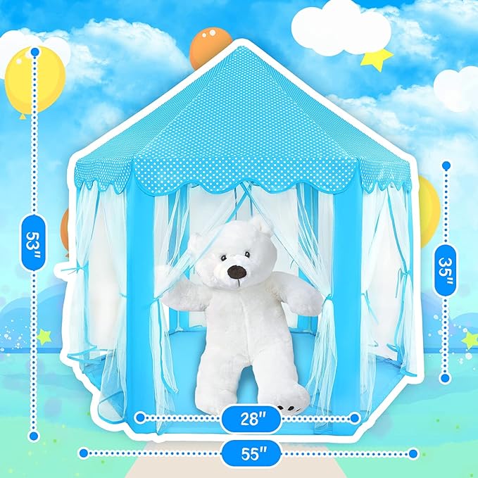 wilwolfer Princess Tent for Boys Fairy Castle Play Tents for Kids Toddler, Hexagon Kids Playhouse, Princess Toys & Gift for Girls Aged 3+ for Indoor & Outdoor Play (Blue)