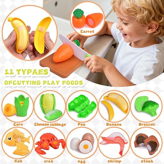 Kids Kitchen Playset, 66PCS Toddler Pretend Cooking Toys with Pots and Pans, Play Food, Utensils,Cookware, Play Food Set,Cutting Toys Fruit Veges,Educational Role Play Set for Toddlers Boys Girls