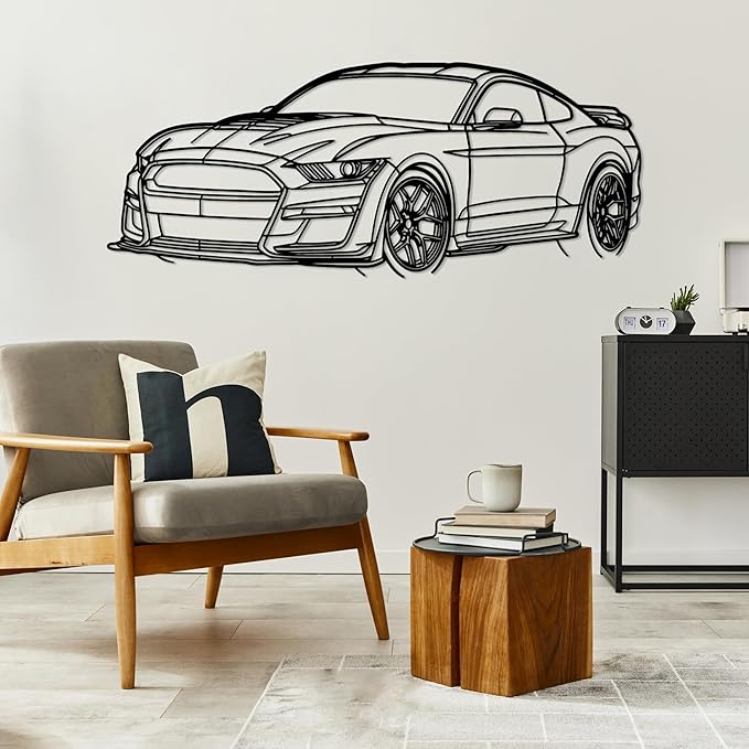 DecoSoul Mustang Metal Car Wall Art, Sports Car, Automotive Silhouette Line Decoration, Minimalist Sculpture for Garage, Indoor Outdoor Wall Hanging, Gift for Boyfriend (Black - 30 x 8.2” inch)