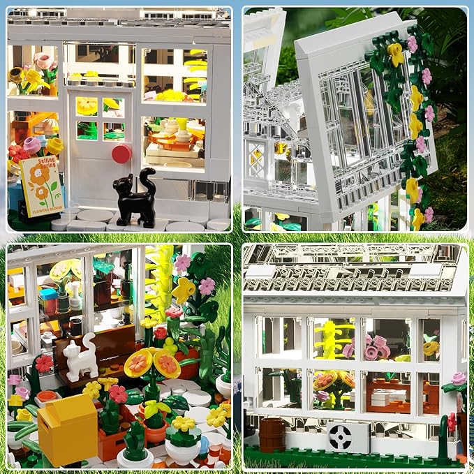 LEGPS YYDS Flower House Building Mini Set with LED, City Street View Greenhouse Building Blocks Toy, Valentine Xmas Gift for Friends or Girls 8-12 Year