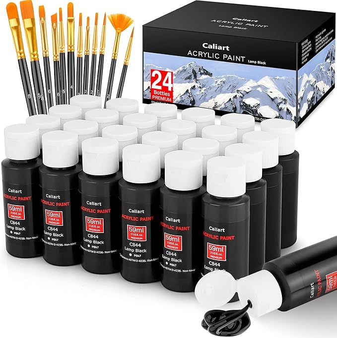Caliart Black Acrylic Paint with 12 Brushes, Pack of 24, Art Craft Paints (2 oz/Bottle), Canvas Ceramic Wood Eggs Rock Painting Kit, Art Supplies for Adults Artists Painters