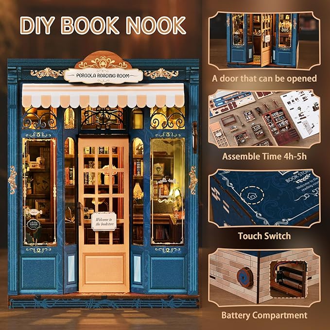 Book Nooks Kit for Adults, 3D Wooden Puzzle Miniature Dollhouse, DIY Bookend Holiday Craft Kits for Family&Friends, Unique Booknook Tiny Home Gifts for Men Women Teens, Bookshelf Decor Model