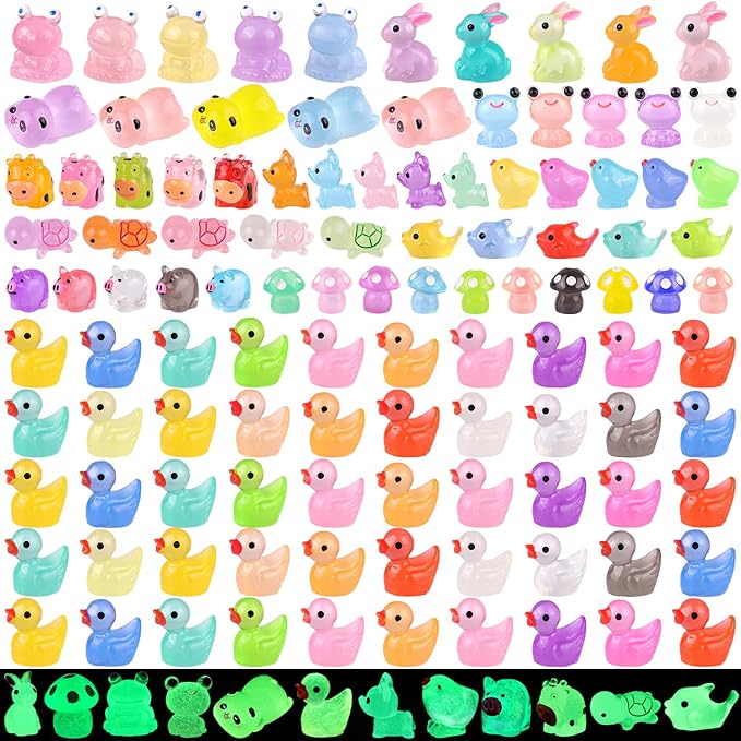 110PCS Mini Resin Animals Miniature Figures to Hide,Tiny Cute Figurines Glow in Dark, Little Animal Small Accessories for Topper Desk Garden Dollhouse Landscape Aquarium Ornaments Crafts & Decor