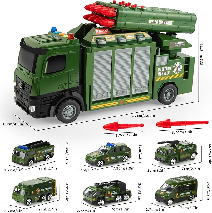 Army Toy for Boys 3-6, Military Truck with 8 Missiles, 6 Mini Die-cast Battle Toy in Carrier Truck with Lights and Sounds, Gifts for Toddler Kids Boys Age 3+