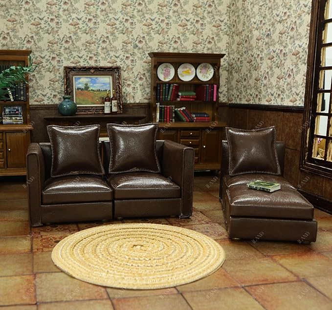iLAND Dollhouse Furniture Miniature Sectional Couch Set for Doll House Décor Fit 1/12 Scale Accessories, Modern Brown Faux Leather Sofa Timeless & Classic
