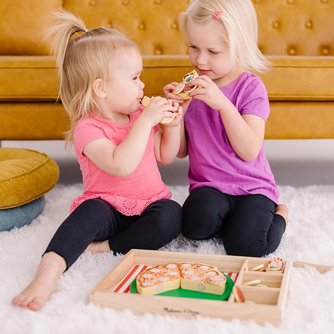 Melissa & Doug Wooden Pizza Party Play Set, 36 Self-Stick Toppings, Pizza Toy Kitchen Set & Play Kitchen Accessories, Preschool Toys for Boys & Girls 3+