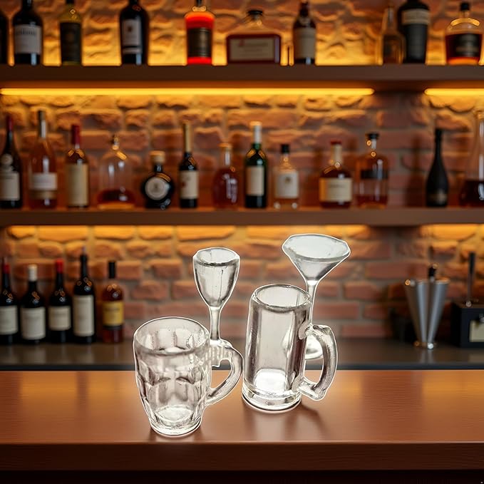 4Pcs Clear Glass Dollhouse Drinking Glasses Miniature: 1/12 Scale Wine Cocktail Glass for Kitchen Bar - Mini Beer Mug Stein Highball