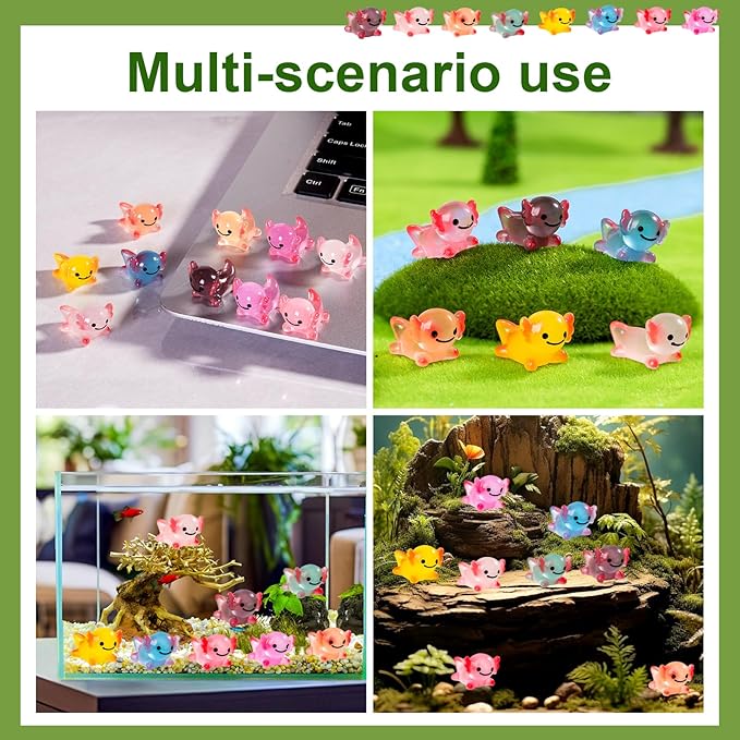40 Pcs Luminous Mini Resin Axolotl Tiny Animals Miniature Axolotl Figures Glow in The Dark for DIY Garden Dollhouse Axolotl Figurines Accessories Micro Landscape Aquarium Party Decor