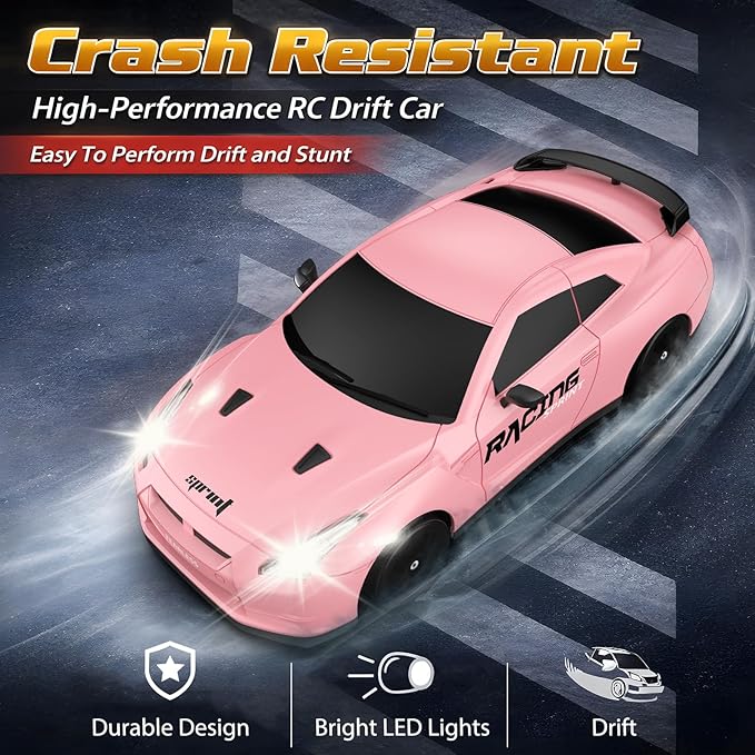 Remote Control Car RC Drift Car 2.4GHz 1:24 Scale 4WD 15KM/H High Speed Model Vehicle with LED Lights Drifting Tire Racing Sport Toy Car for Adults Boys Girls Kids Gift 2Pcs Rechargeable Batteries