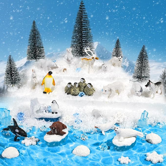 Warmtree 46 Pcs Arctic Animals Figurines Set Includes 22 Polar Bear Penguin Animals Figurines 6 Mini Pine Trees 18 Artificial Lceberg Fake Snow Ripple Water Sticker Ocean Habitat Diorama Supplies