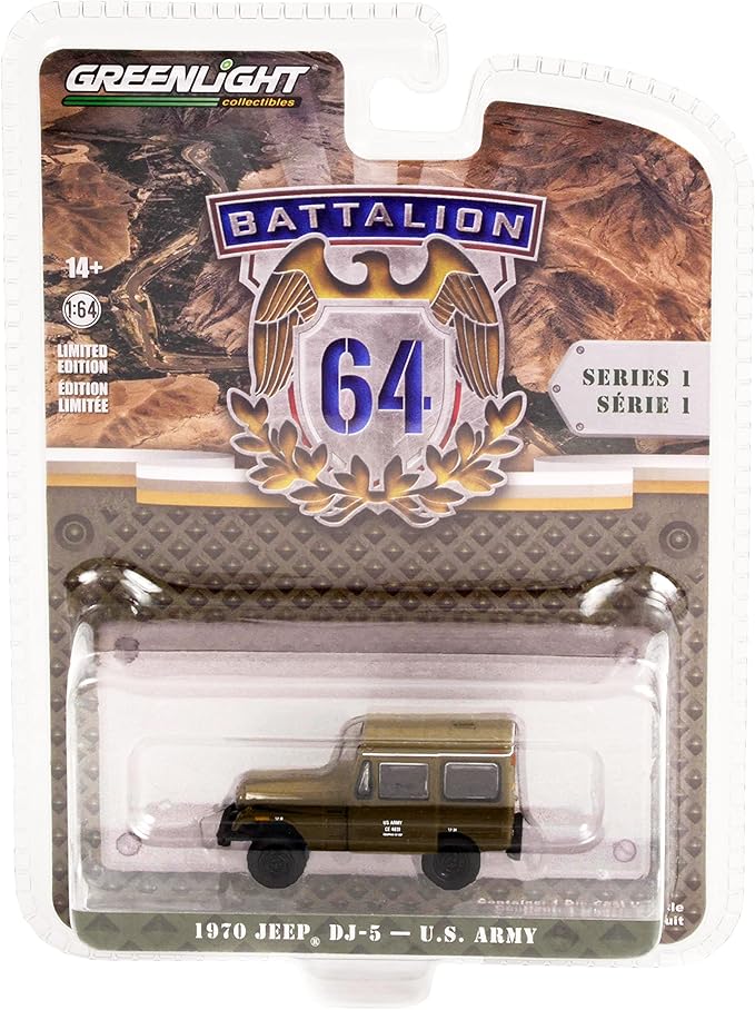 1970 DJ-5 Dark Olive Green U.S. Army Battalion 64" Release 1 1/64 Diecast Model Car by Greenlight 61010 C