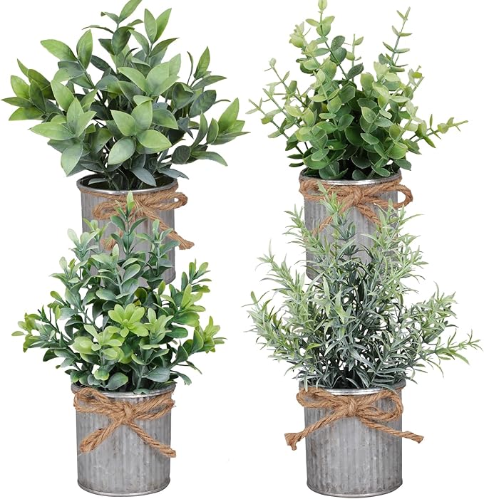 Yoratee Small Artificial Plants Set of 4 Fake Potted Plant with Iron Pot Mini Greenery Decor for Indoor Home Porch Garden Bathroom Décor