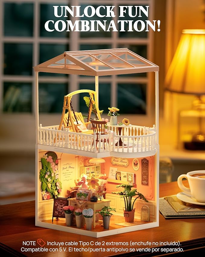 Rolife Super Creator Series Accessroies, DIY Mini Flower Garden Scenery Kit, Miniature Dollhouse Castle Building Kit's Part, Sunny Break Terrace Gift for Kids Adults Women