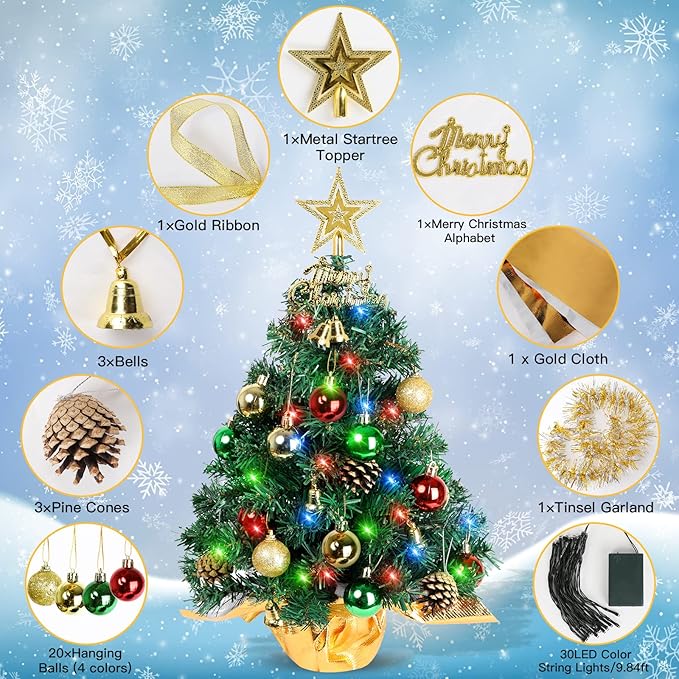 AGIRL Tabletop Christmas Tree 22 Inch Mini Artificial Christmas Tree with 30 LED String Lights, Star Tree, Tabletop Small Xmas Tree for Holiday Indoor DIY Christmas Decor