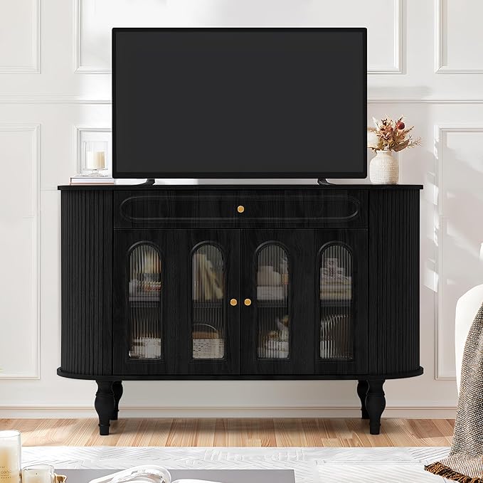 47'' Fluted Sideboard Buffer Cabinet with Drawer, Modern Credenza Storage Cabinet, Bar Cabinet Console Table with Tambour Sliding Side for Living Dining Room Kitchen Hallway Entryway, Black