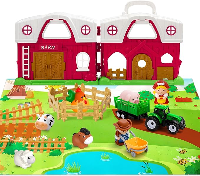 Farm Animal Toys for 1 2 3 Year Old Toddlers, Big Red Barn with Farm Mat & Animals & Tractor Toy for Boys Girls, Montessori Learning Interactive Barn Set for Kids 1-3, Ideal Christmas Birthday Gifts