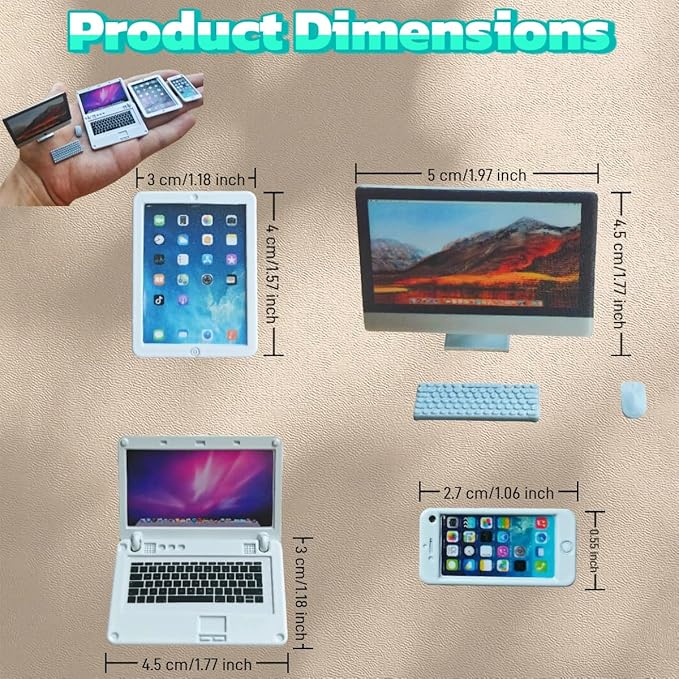 1:12 Scale Dollhouse Miniature Electronics Set - 4 Pcs Desktop Computer, Flip Laptop, Phone & Tablet for Dollhouse Display, Diorama Props and Collectibles