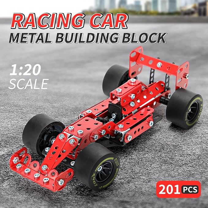 BESTYMXY Building Kit Car Model, 1:20 Scale Race Car Metal Model STEM Project Building, Assembly Toy Set STEM Projects Toys for Boys 8-12, Red Vehicle DIY Assembly Metal Model