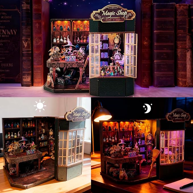 Book Nook Kit - DIY Miniature House Dollhouse Kit for Adult and Teens, Tiny House Bookshelf Decor 3D Wooden Puzzle with LED Lighting, Gifts for Family, Friends (Magic Shop)