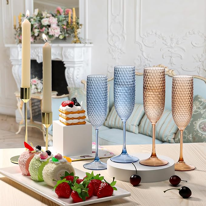 12 Pack Plastic Champagne Flutes Vintage Light Blue Goblet Champagne Glasses Unbreakable Wedding Toasting Glasses Diamond Wine Glasses Crystal Wine Cups Clear Drinking Glasses 5.5 OZ for Bridal Shower