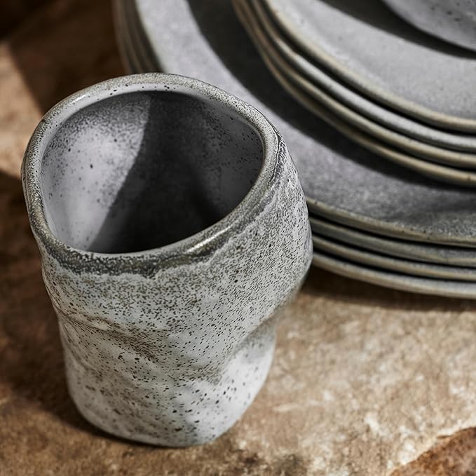 Stone by Mercer Project Atik Modern Stoneware 32-Piece Dinnerware Set, Plate and Bowl Set, Dish set for 8, Grey Speckled