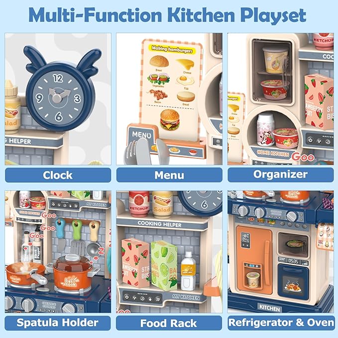 RedCrab Kids Kitchen Playset Toys, Simulate Mini Kitchen with Light and Sound, Food Toys & Kitchen Accessories, Multi-Functional Cooking Assistant, Pretend Toy Set for Toddlers 3-8(Blue)