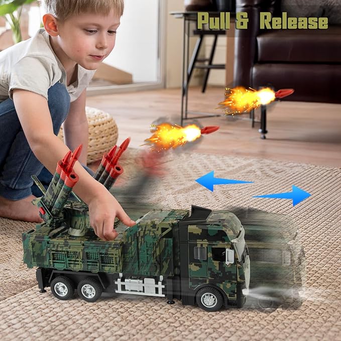 Army Toys for Boy, Military Vehicle Toy with 6 Missile Launcher, Pull Back Army Model Truck with Light and Sound, Military Missile Alloy Vehicle Toys for Kids Age 3-6